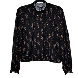 Coco & Shay Black Floral Long Sleeve Blouse Mock Neck Ruffle Trim Top Size XL